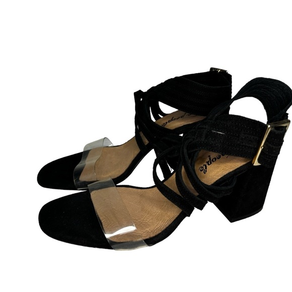 Free People Lina Block Heels Black Suede Ankle Strap Event Cocktail Size 38 - Picture 1 of 9